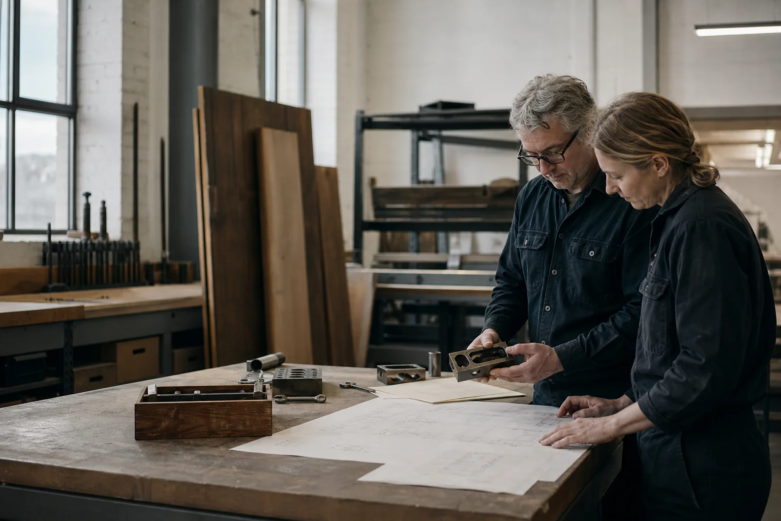 Two people reviewing a component in a workshop